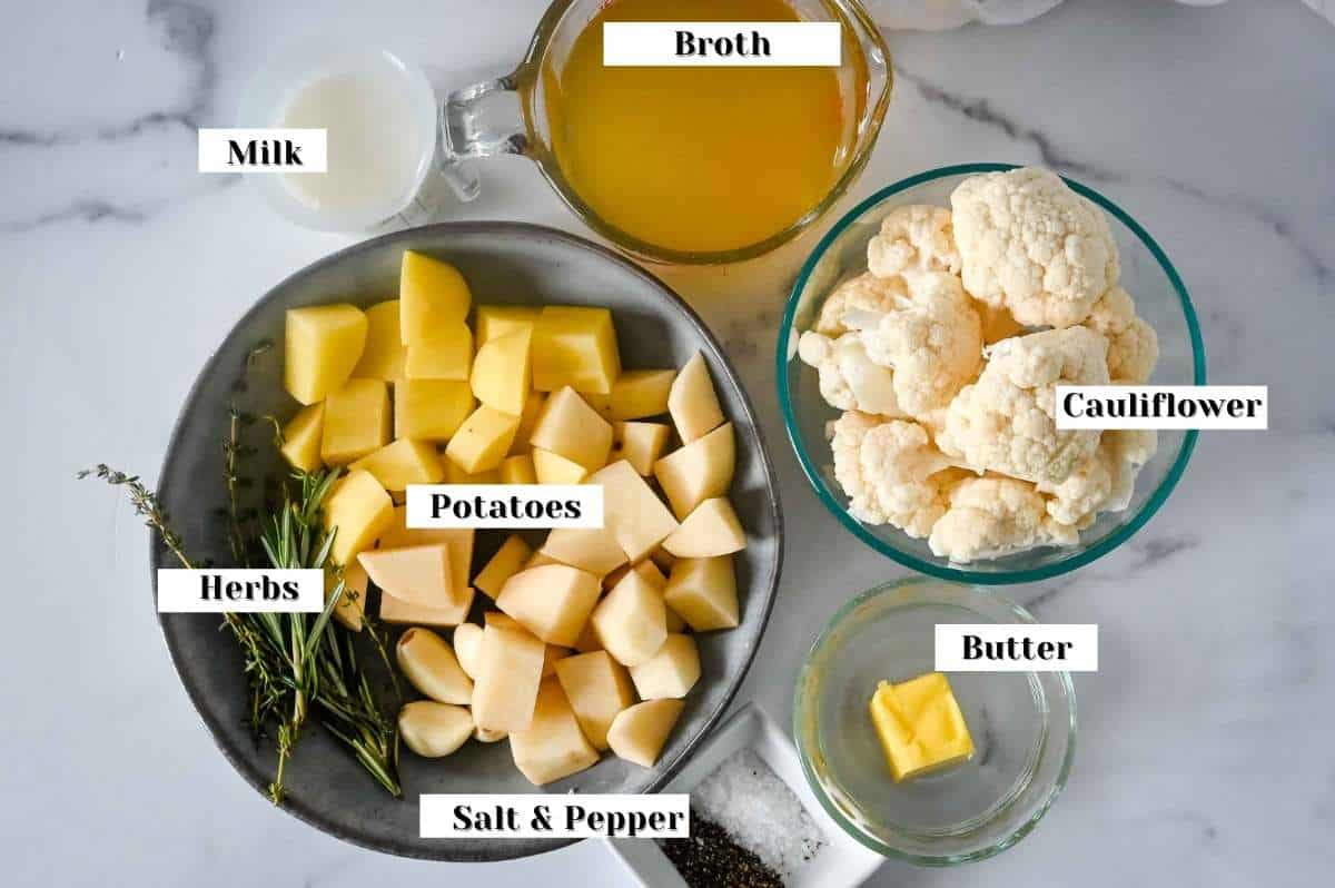labeled ingredients to make mashed potatoes and cauliflower.