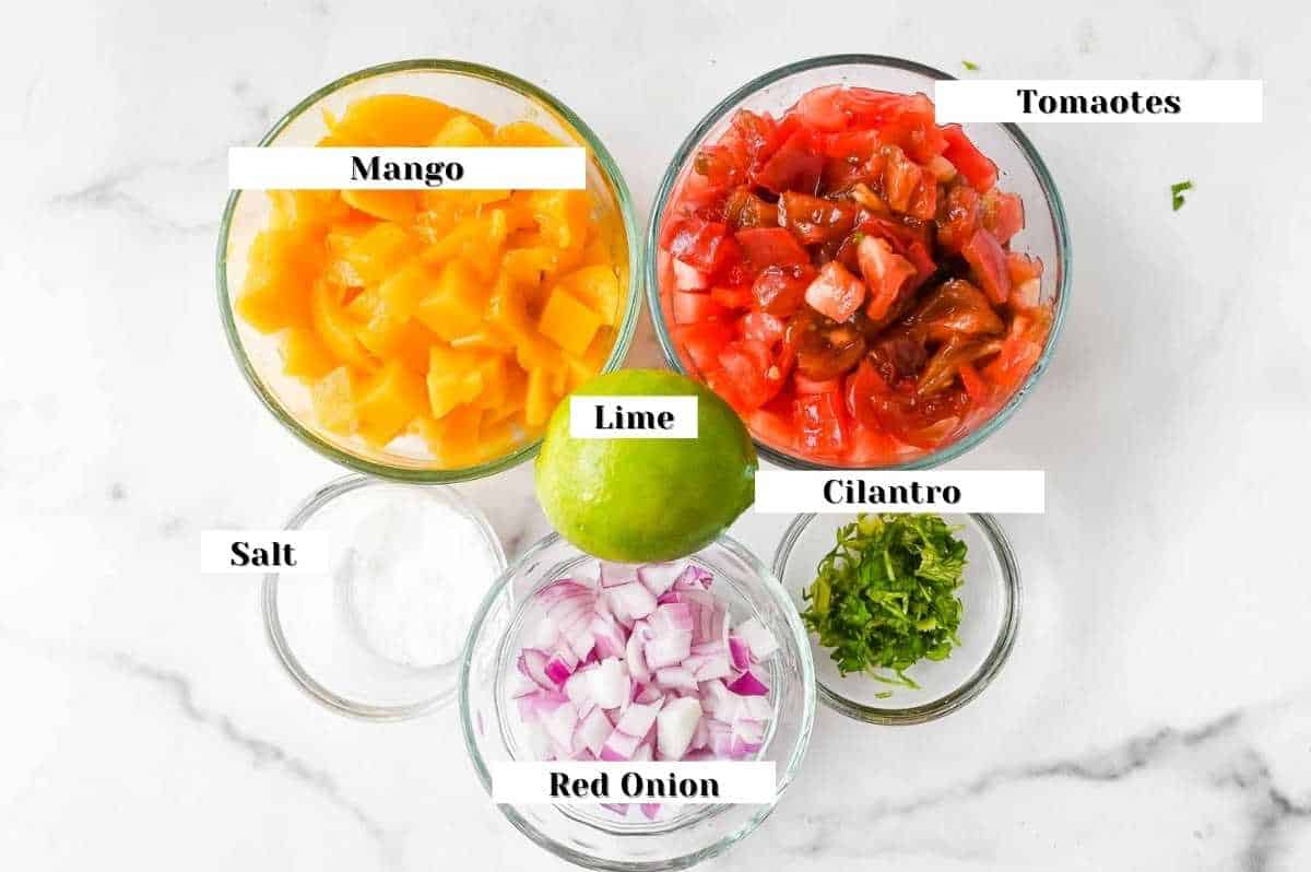 ingredients for this recipe labeled to show mango, tomatoes, cilantro, lime, onion and salt.
