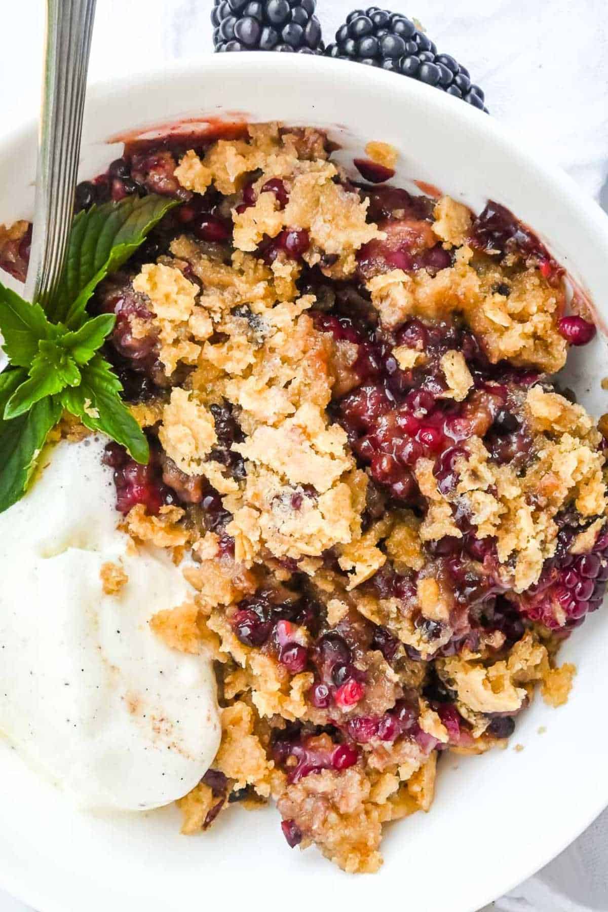 full shot of blackberry cobbler with ice cream in a white bowl topped with mint.