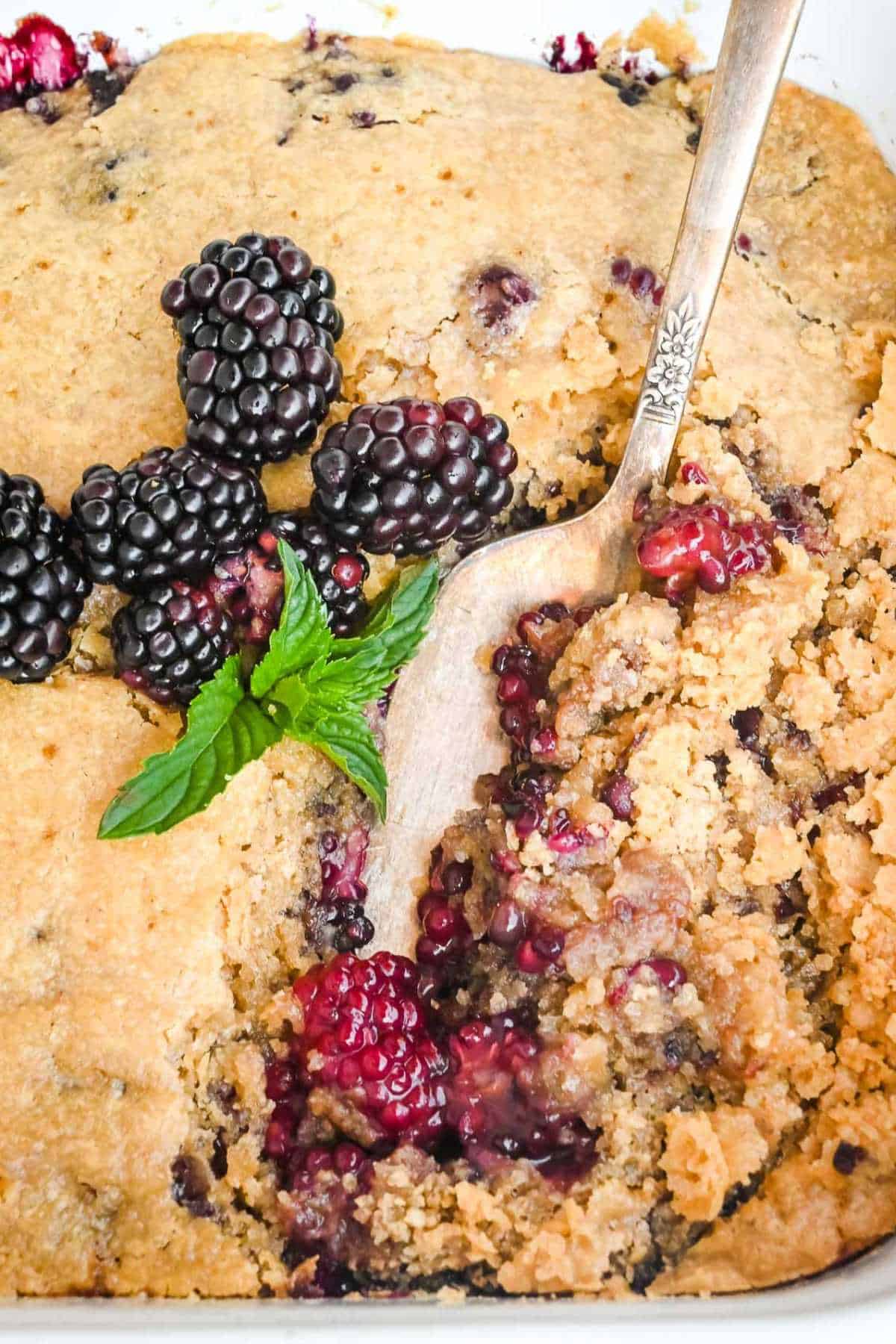 full blackberry cobbler with a spoon topped with mint and blackberries.