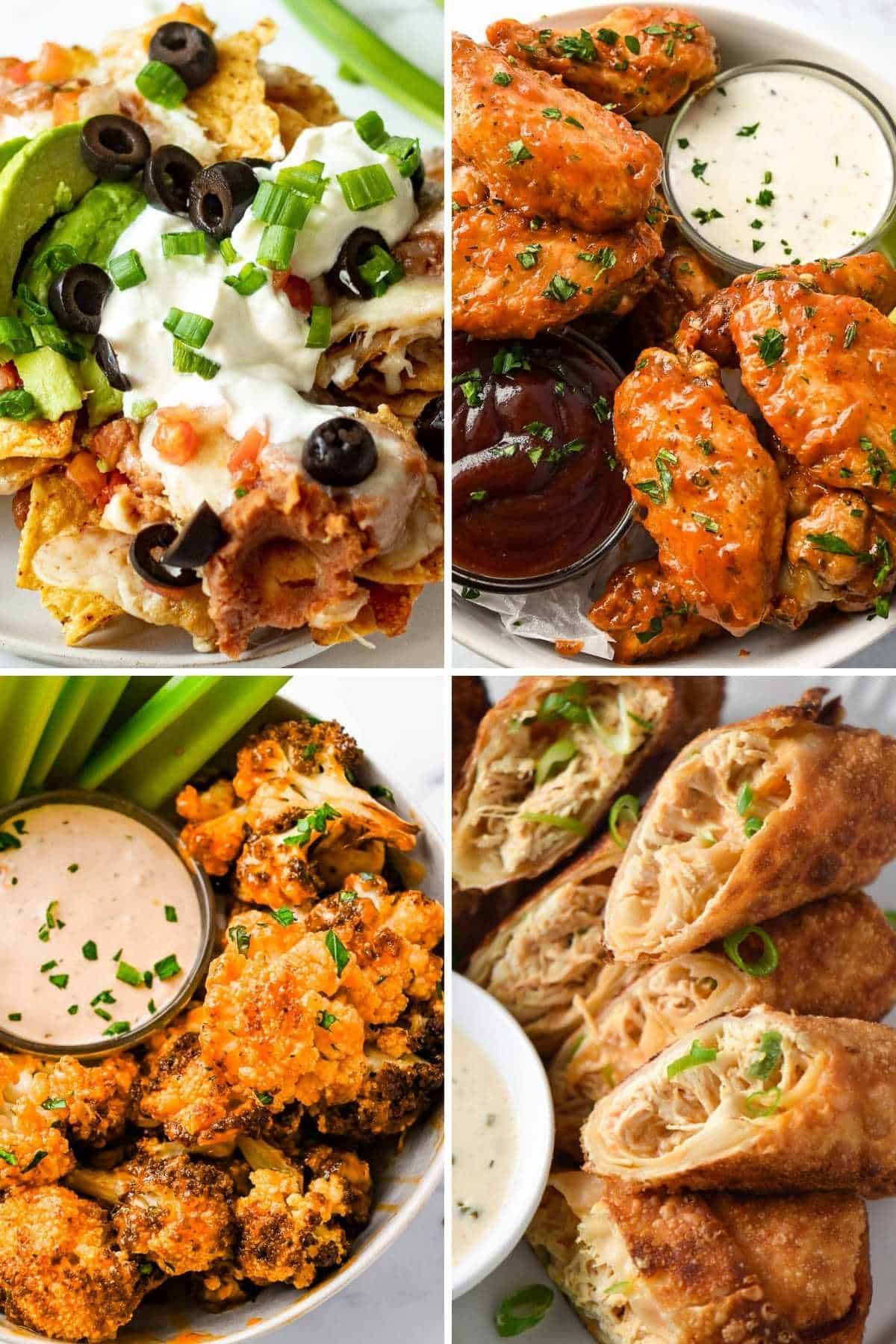 collage of air fryer appetizers including nachos, wings, cauliflower and egg rolls.