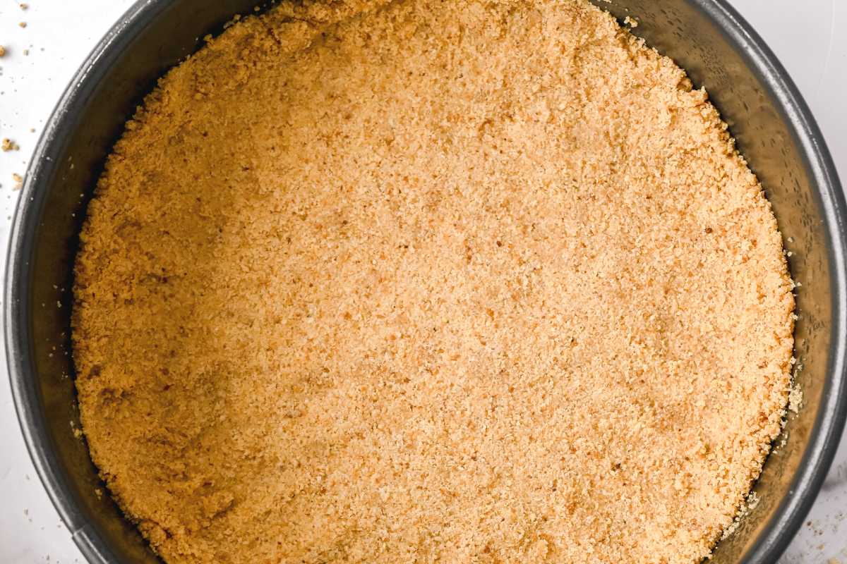 almond flour crust pressed into a springform pan.