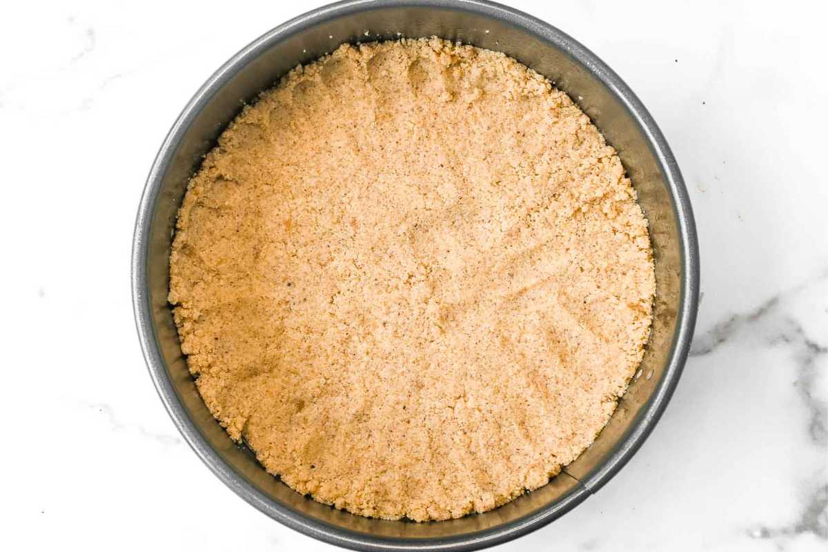 almond flour crust pressed into a springform pan.