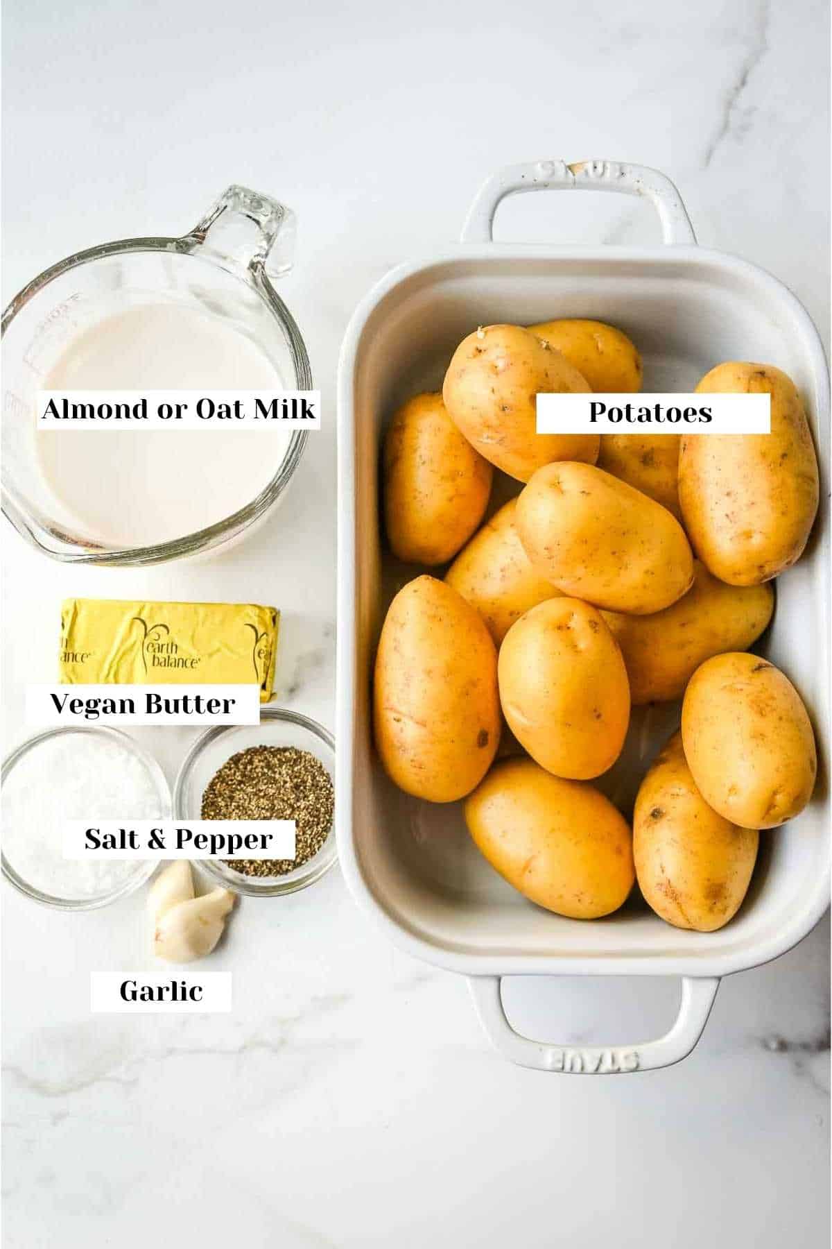 labeled ingredients for dairy-free mashed potatoes on a white background.