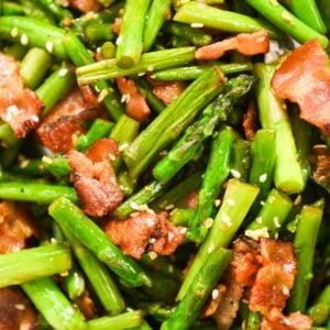 close up image of asparagus and bacon.