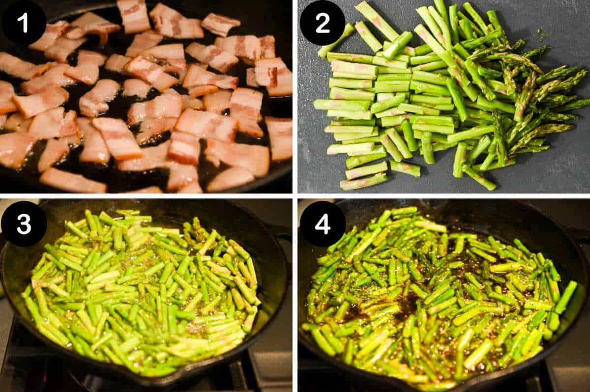 numbered steps collage photo showing how to make bacon sauteed asparagus.