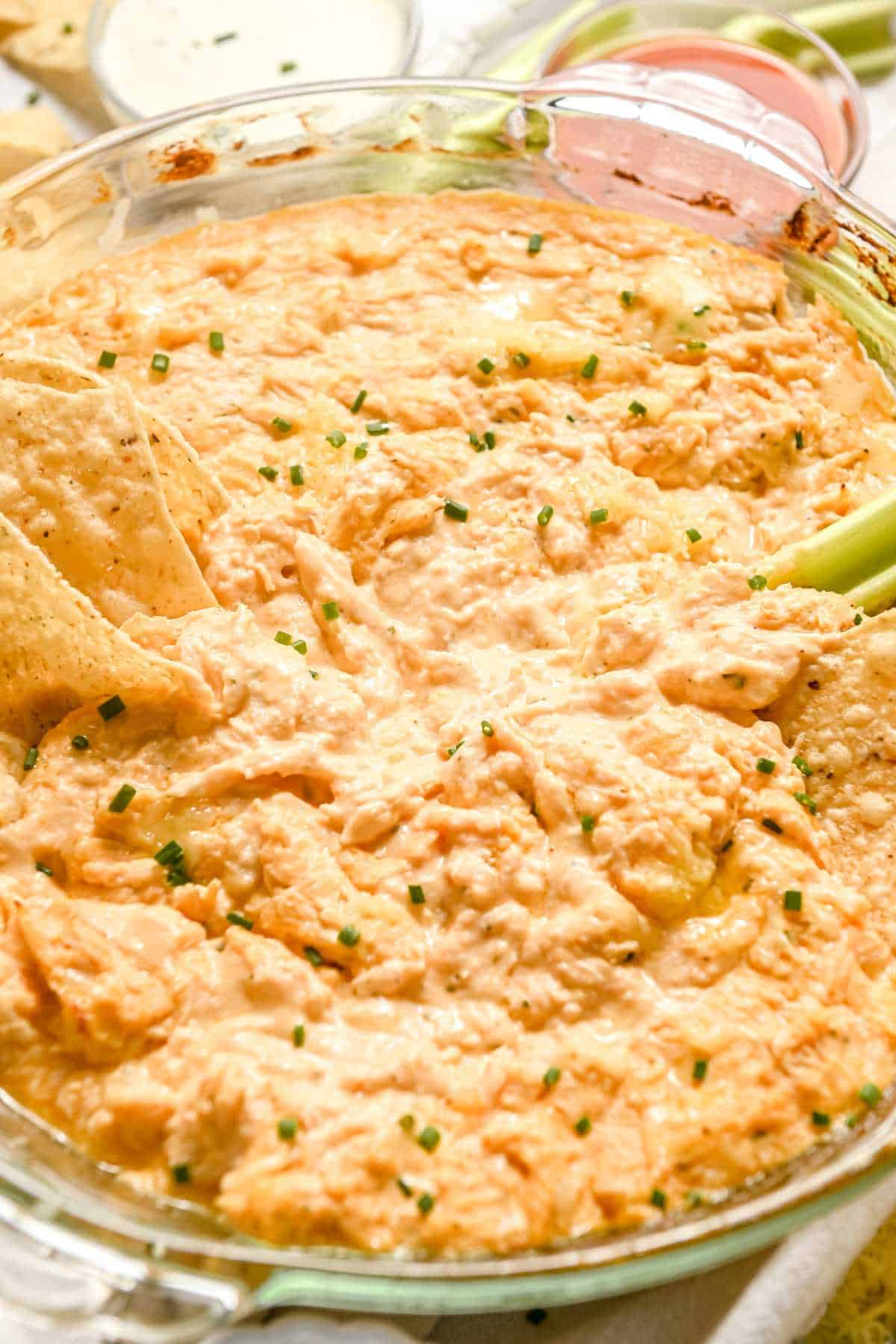 full pan of buffalo chicken dip.