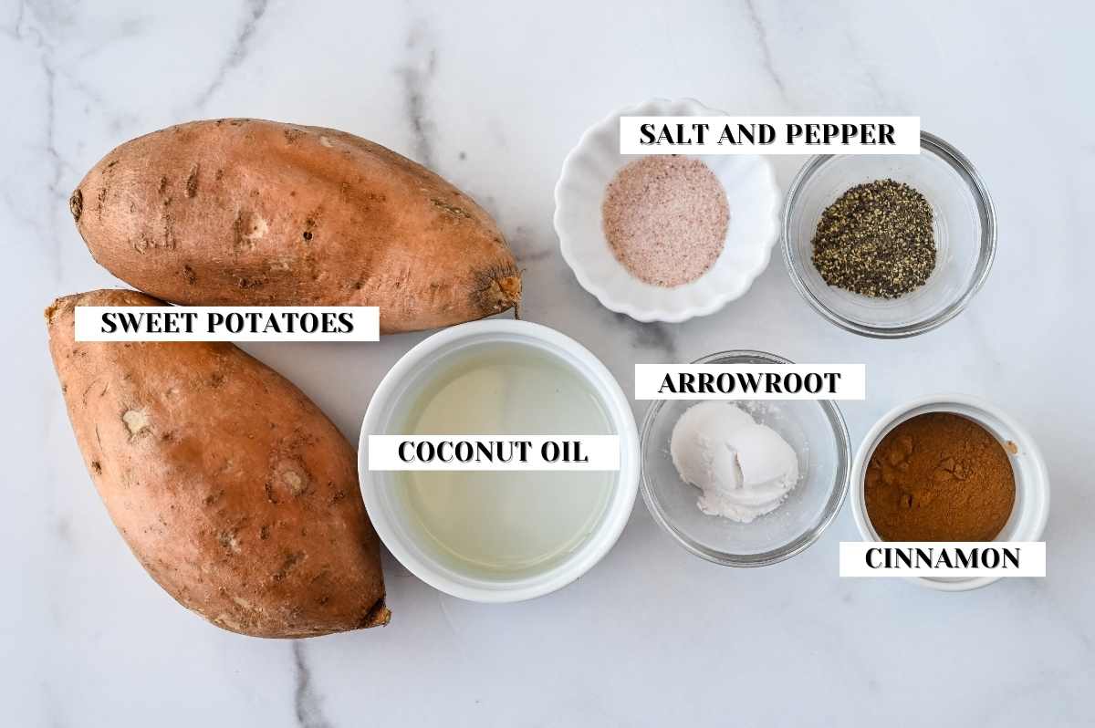labeled ingredients for air fryer sweet potato wedges on a white background.