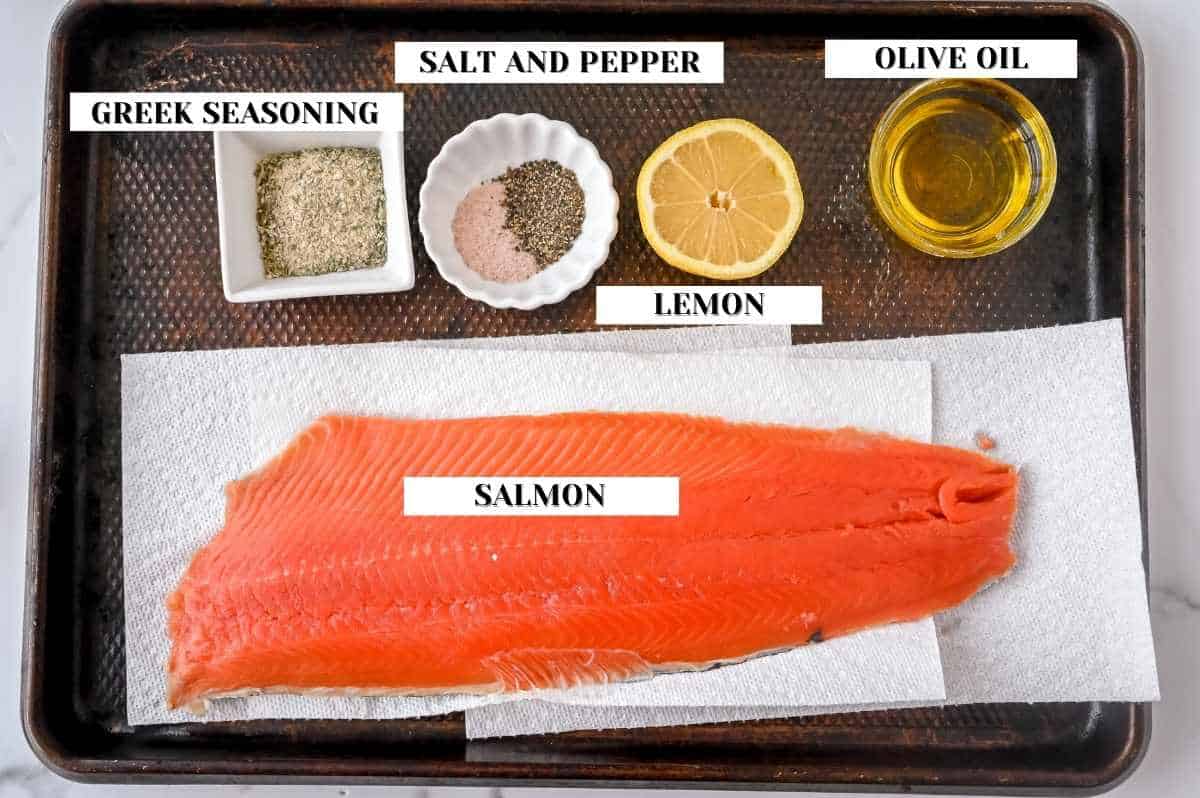 labeled shot of salmon ingredients on a sheet pan.