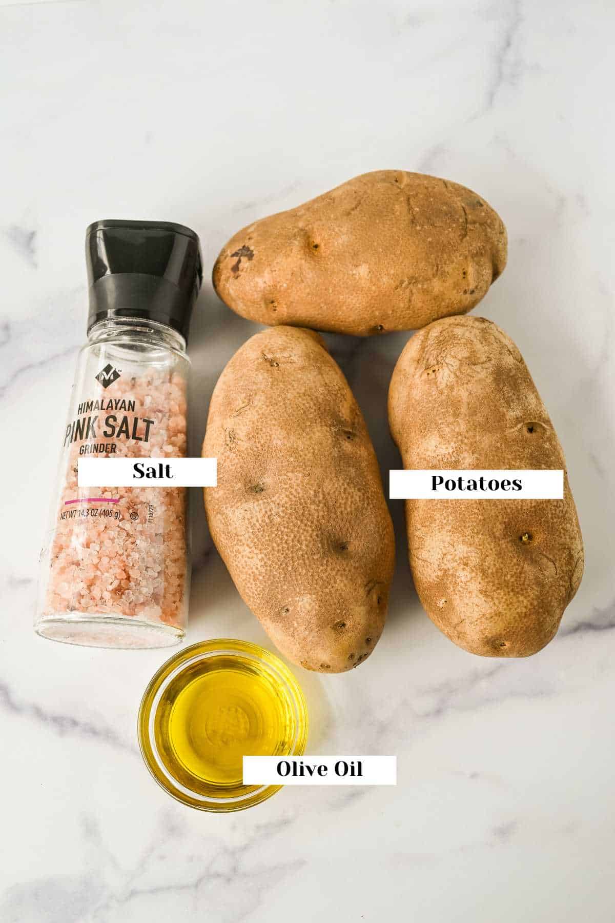 labeled ingredients for baked potatoes on a white background.