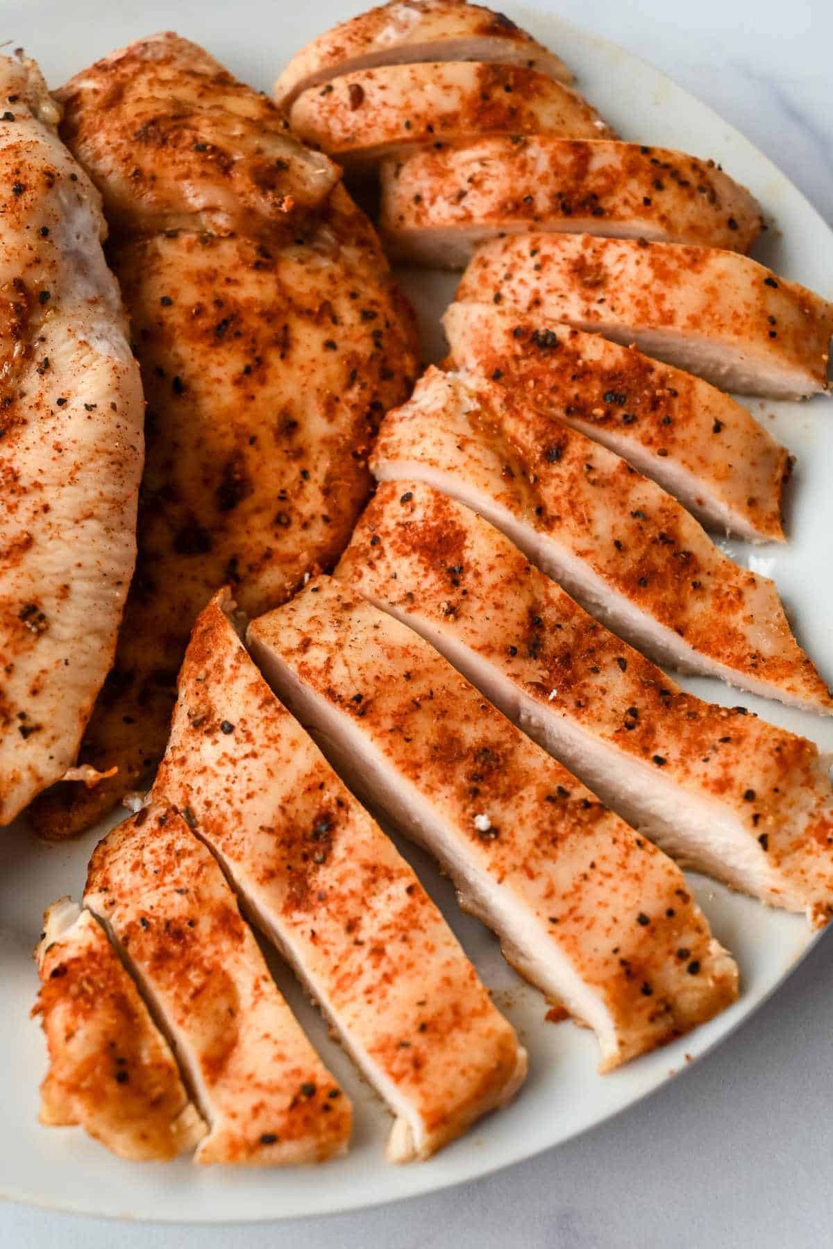 pieces of thinly sliced chicken breast cut into pieces.