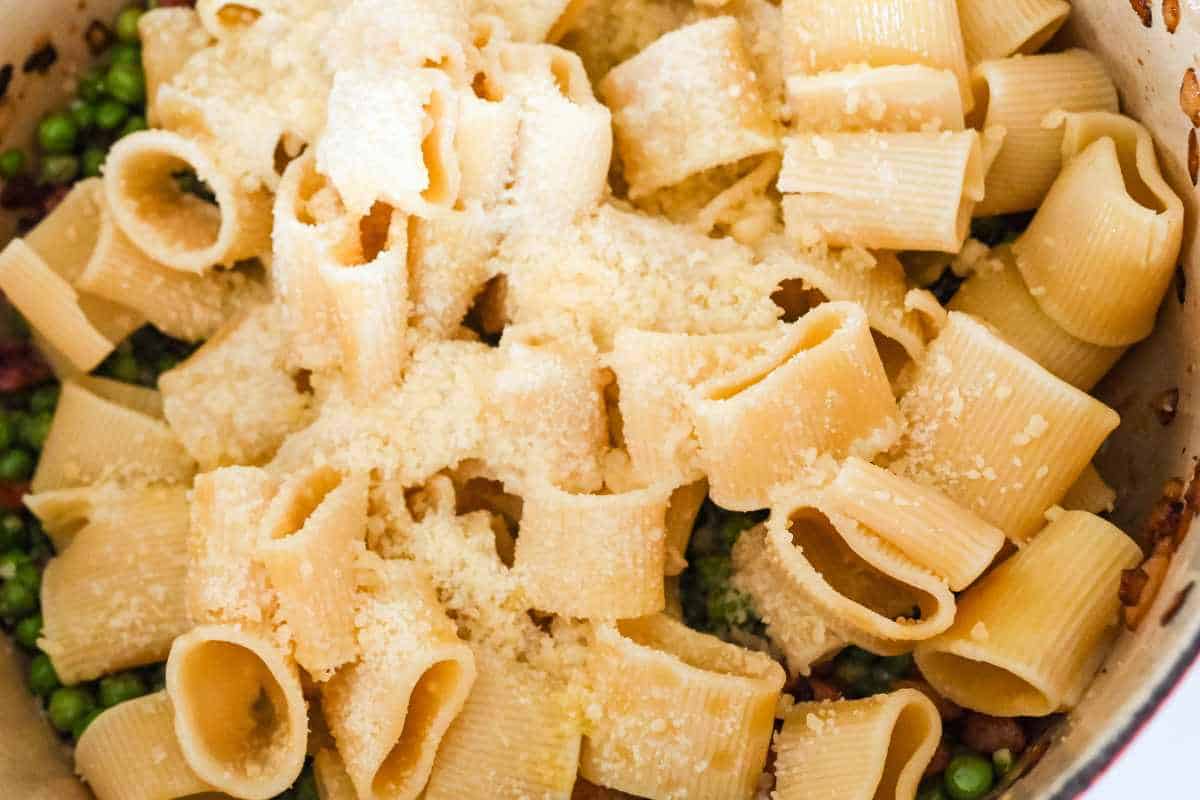 close up shot of cooked pasta with parmesan.