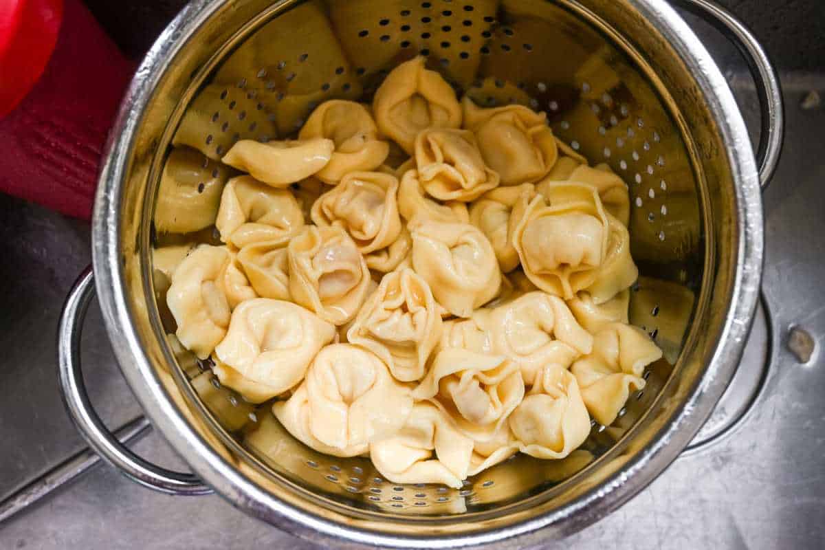 cooked tortellini draining in a colander.