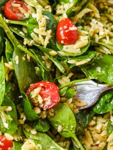 featured image close up of spinach and orzo salad.
