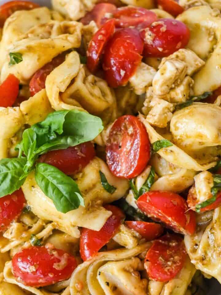 featured image close-up of tortellini pesto salad with tomatoes and basil.
