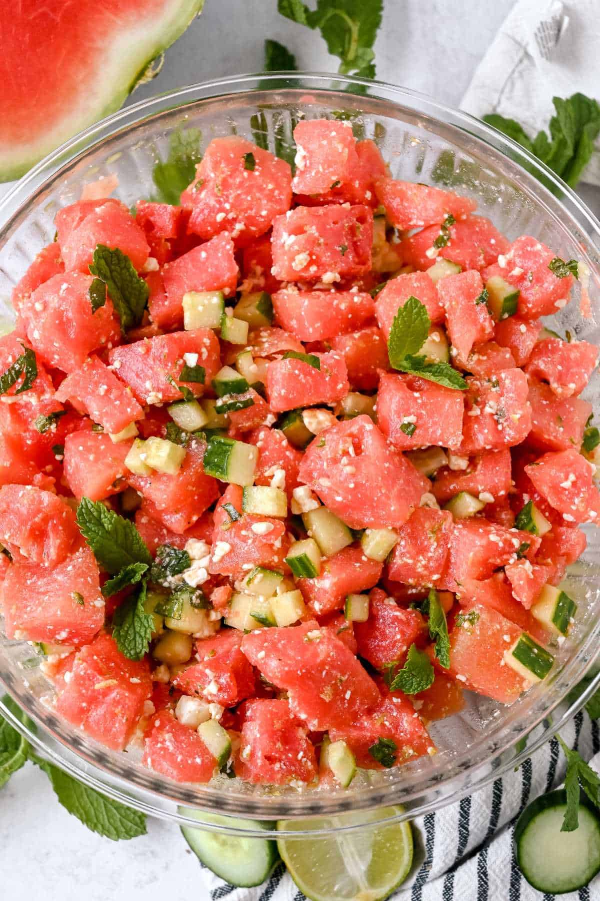 full bowl of watermelon basil salad.
