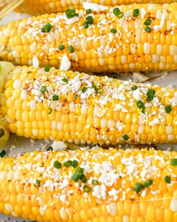 3 ears of pellet grilled corn topped with chili lime butter, cheese, and chives.