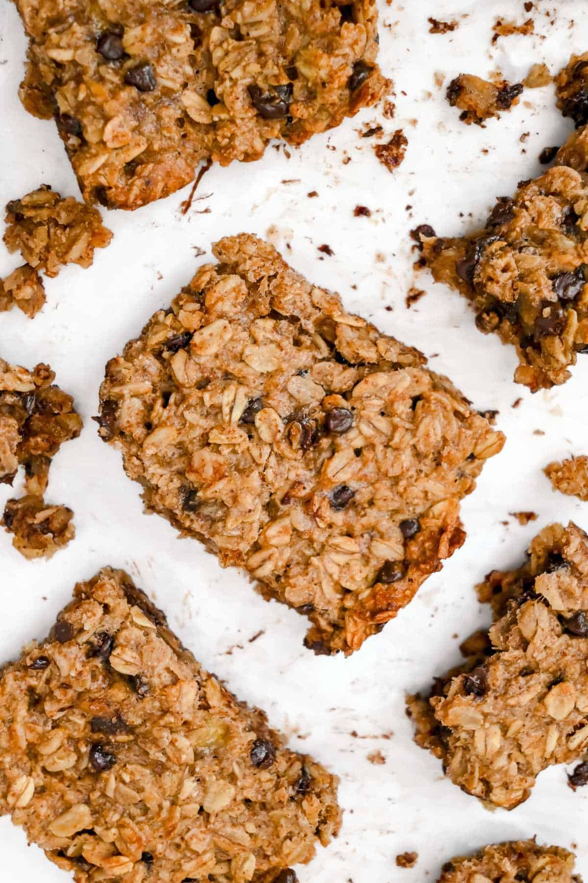 view of 4-ingredient banana oatmeal bars on a white background.