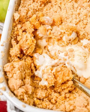 close up of apple cobbler with cake mix in a white dish topped with ice cream and a spoon in the dish.
