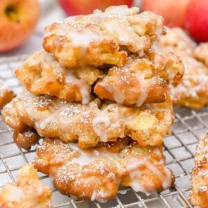 close up shot of a stack of air fryer apple fritters.