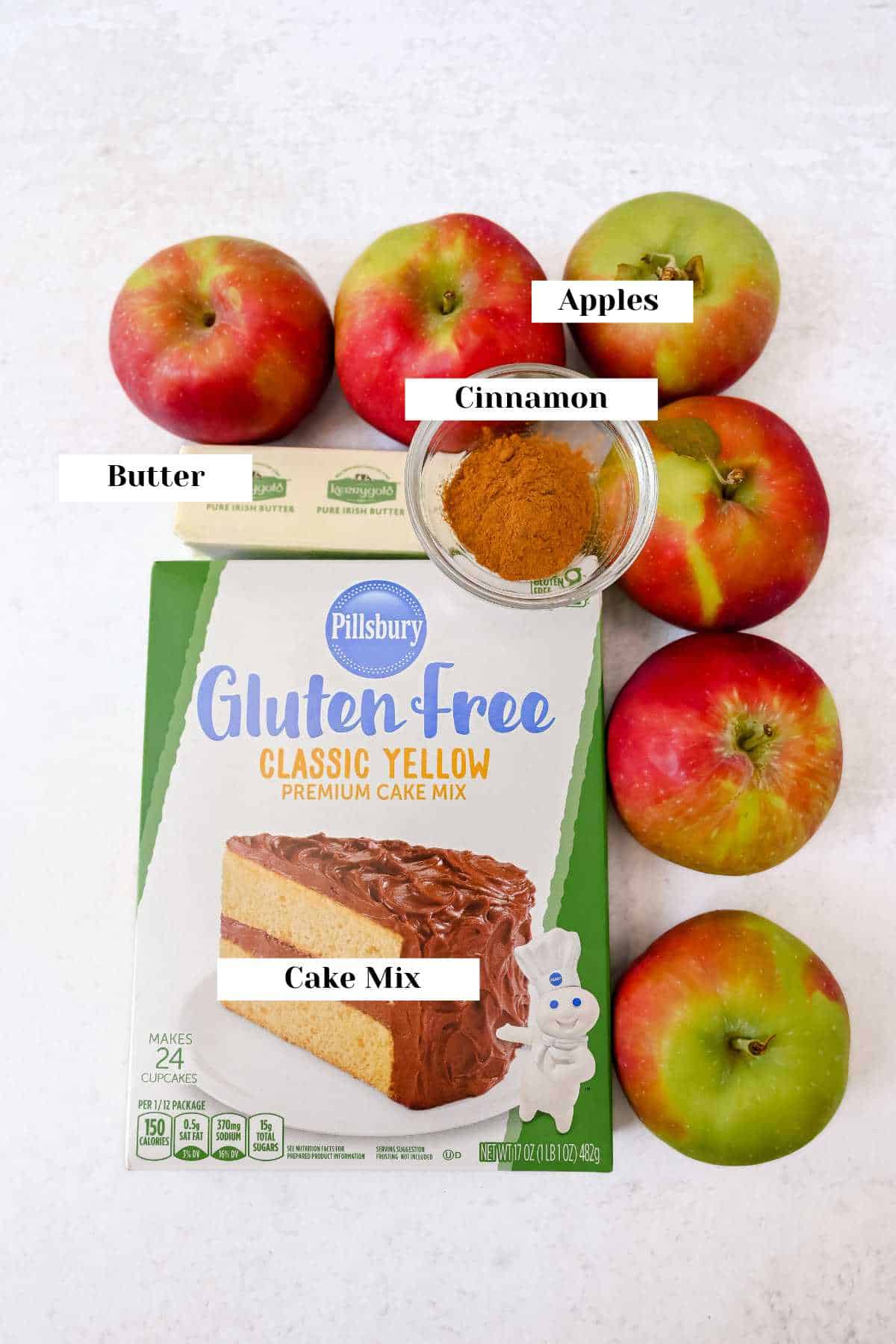 labeled ingredients for this apple cobbler with cake mix recipe.
