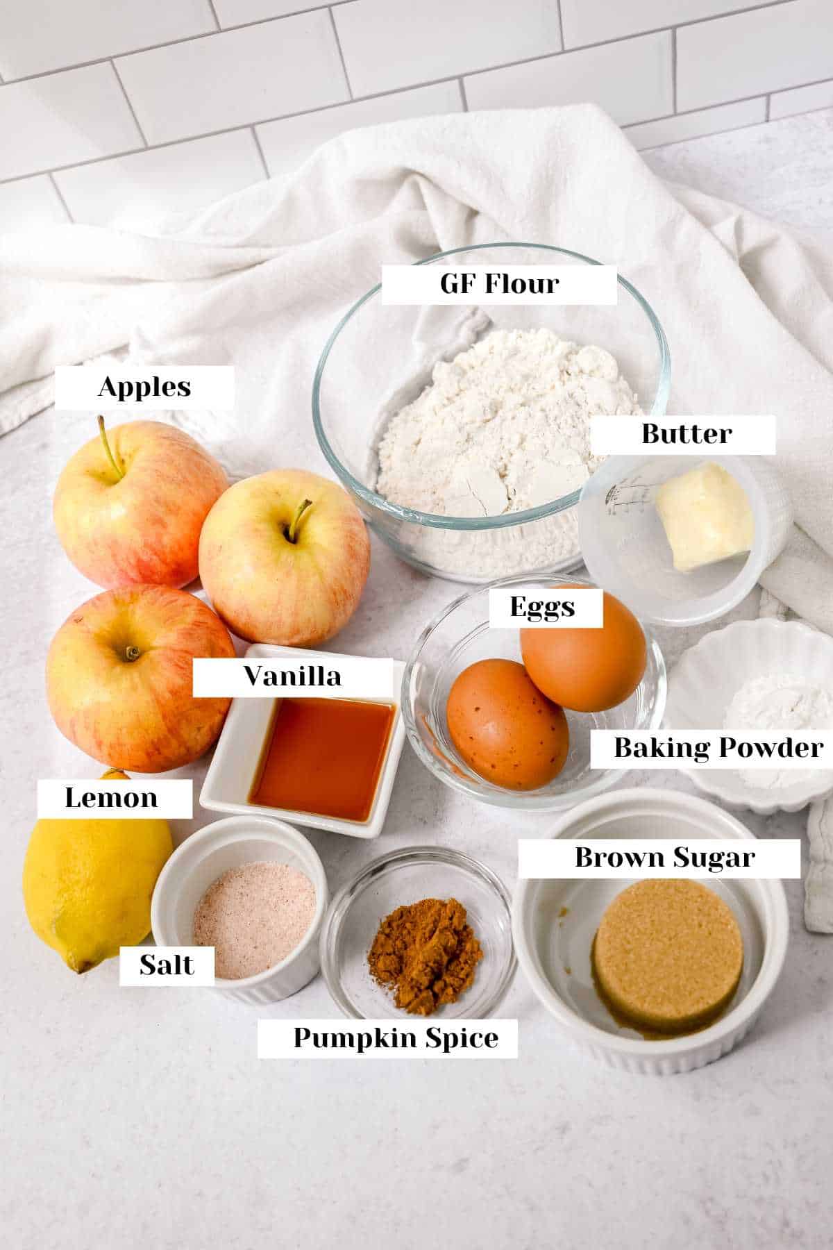 labeled ingredients shot of air fryer apple fritters recipe.