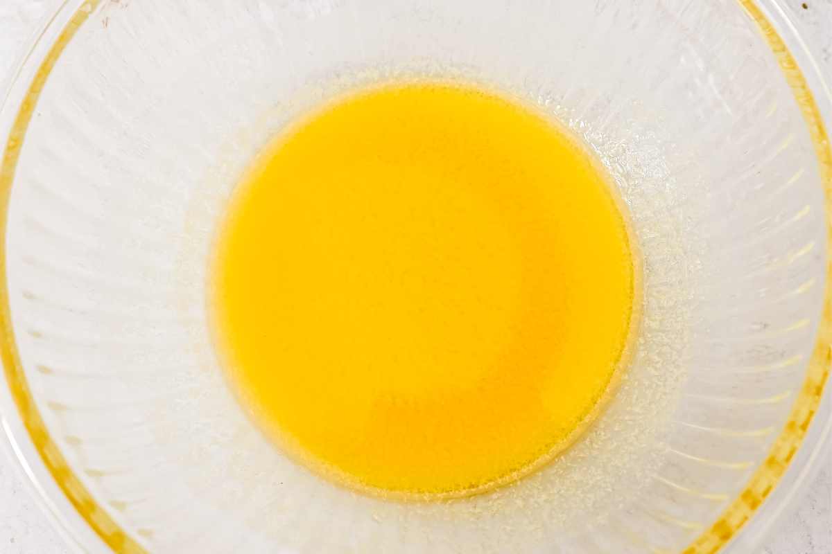 melted butter in a glass dish.