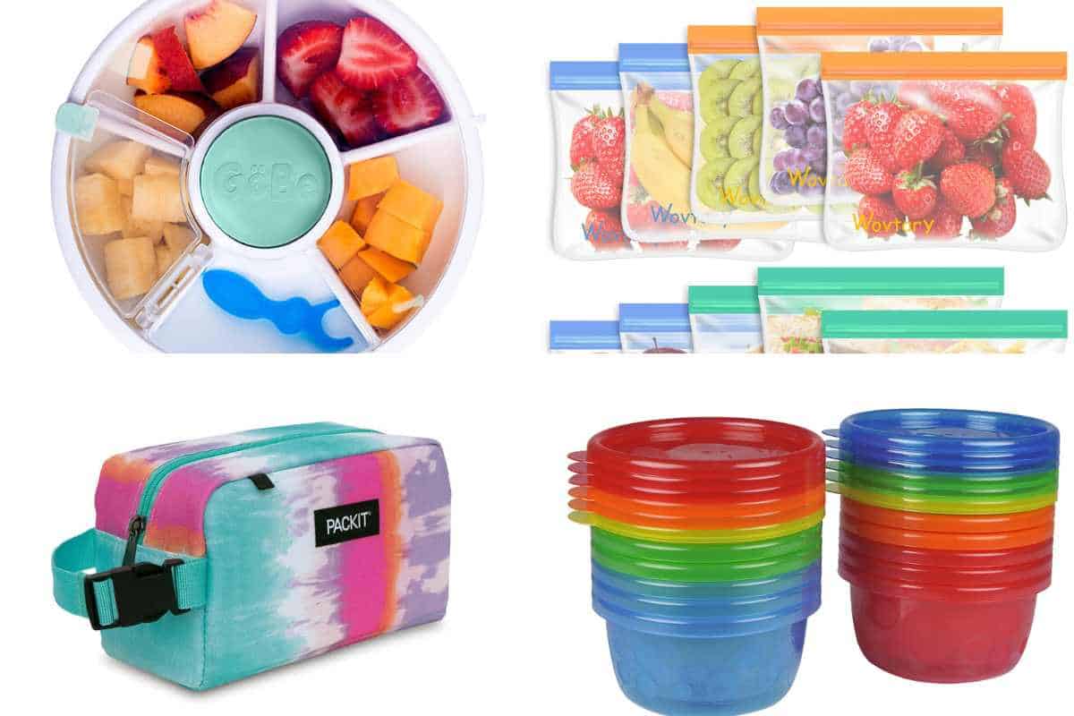 collage of best snack containers for kids snacks.