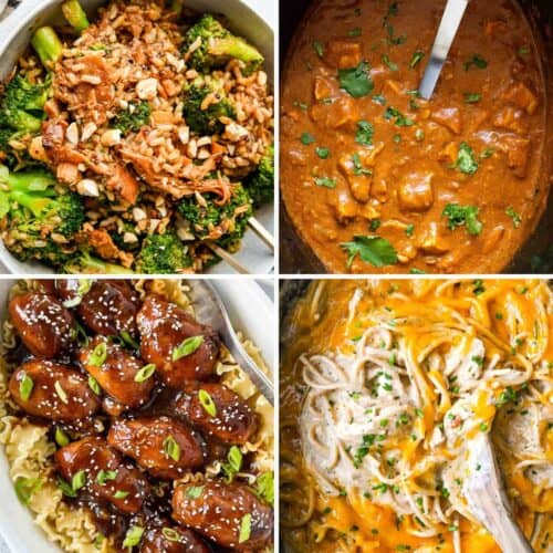 featured image showing four crock pot chicken recipes in a collage.