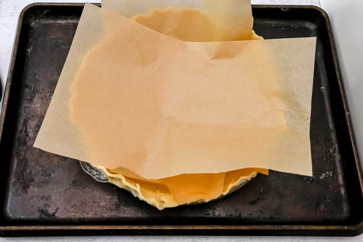 parchment paper on top of pie crust.