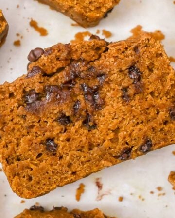 close up shot of pumpkin bread slice with chocolate chips.
