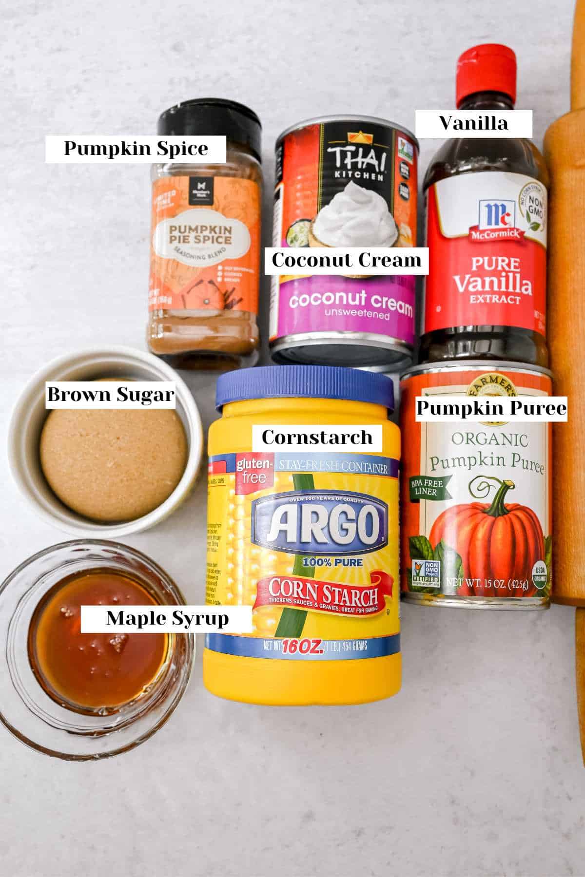 labeled ingredients for eggless pumpkin pie on a gray background.