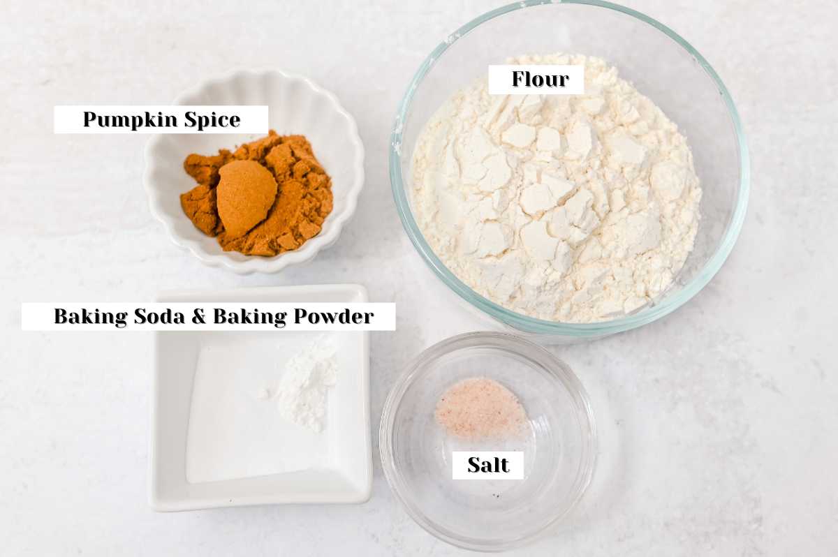 labeled dry ingredients for Starbucks pumpkin muffin recipe.