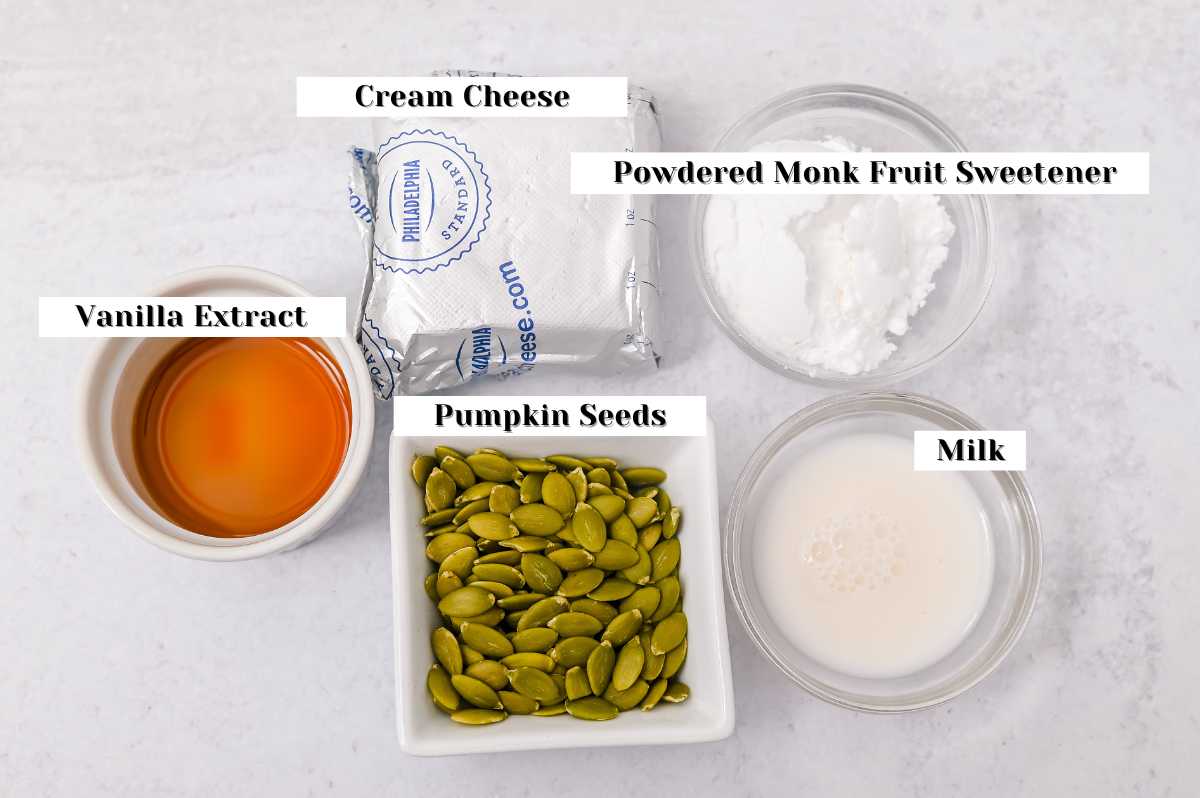 cream cheese filling and topping ingredients labeled on a white background.