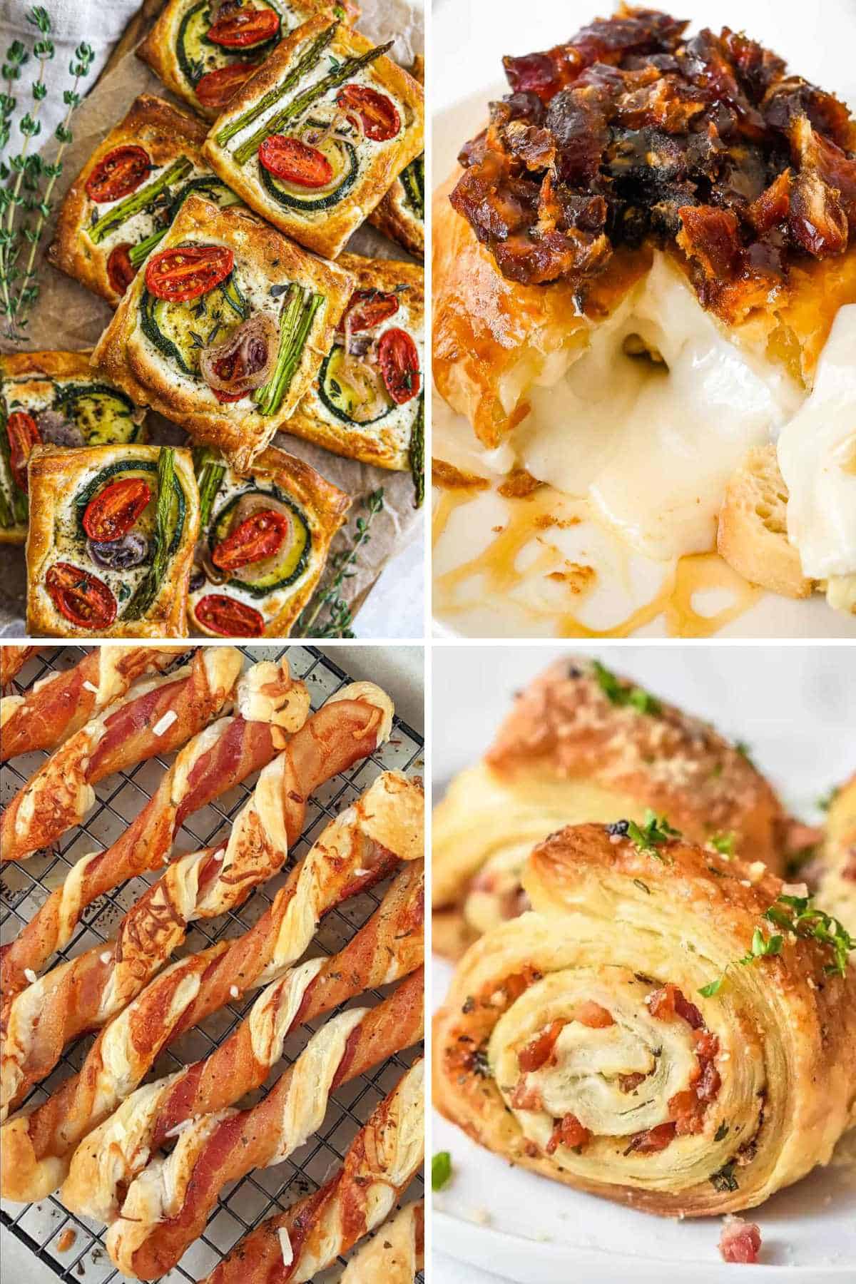 collage photo of four puff pastry appetizers.
