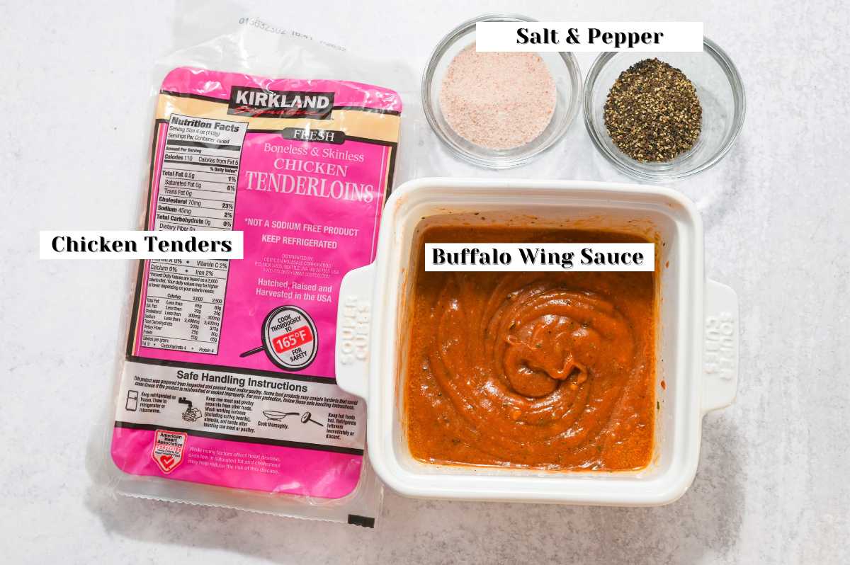 labeled ingredients for no breading buffalo chicken tenders.