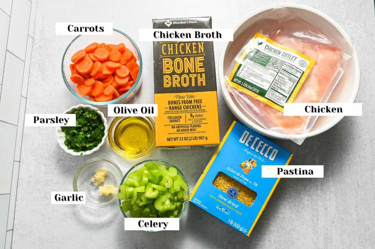 labeled ingredients photo for chicken pastina soup.