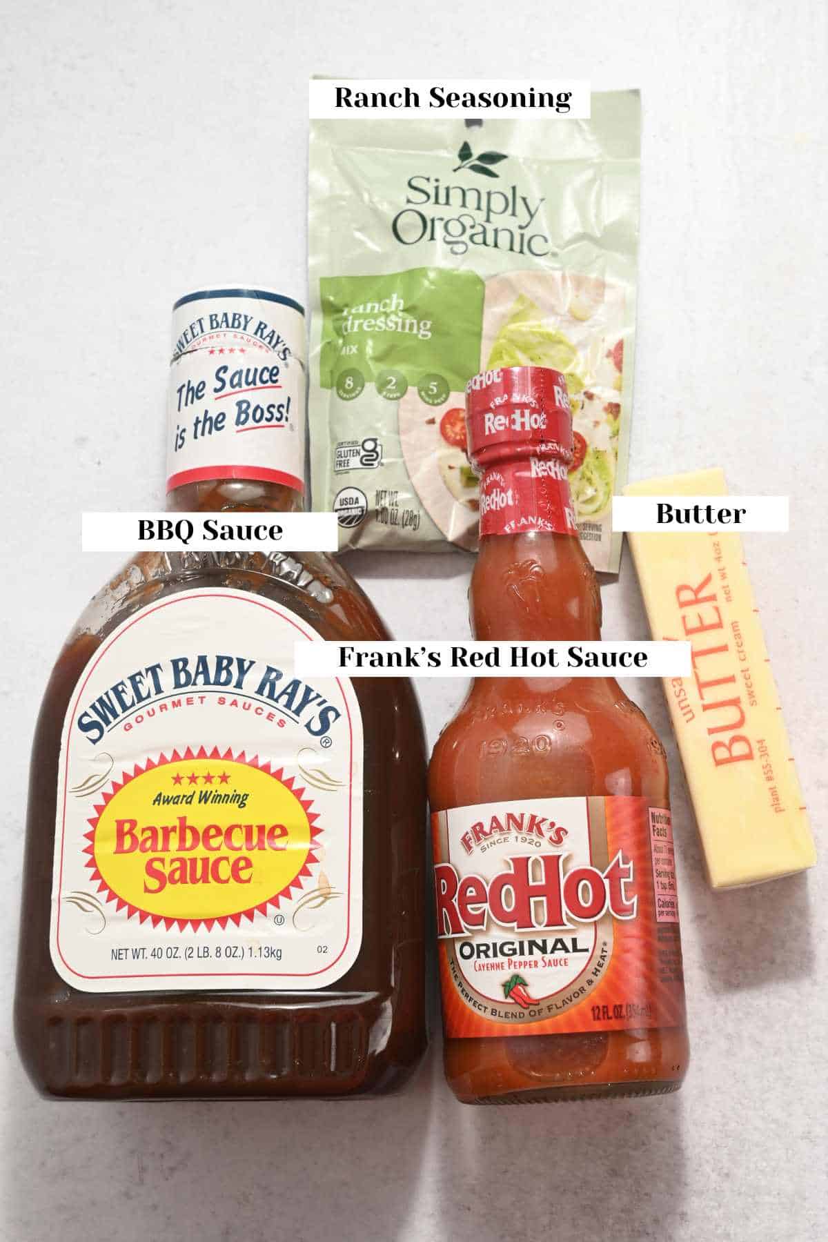 labeled ingredients for making Frank's Red Hot homemade wing sauce.