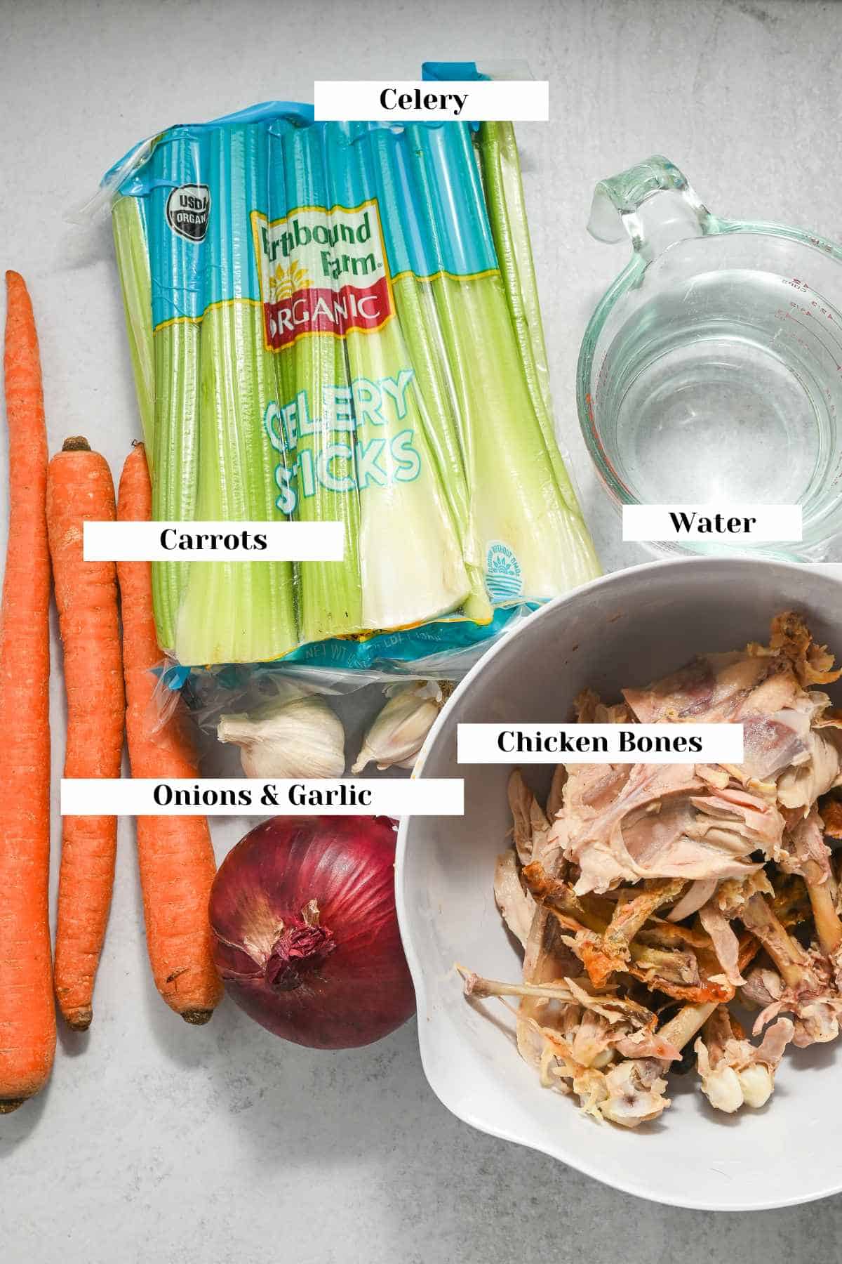 labeled ingredients for making bone broth.