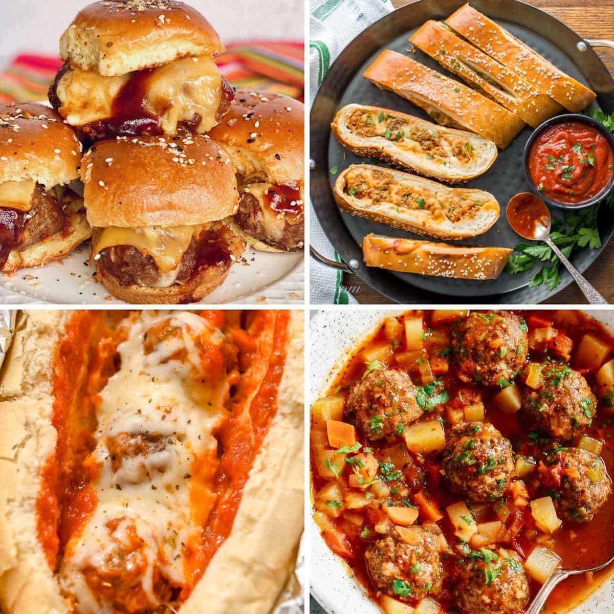 square collage of leftover meatball recipes photos.